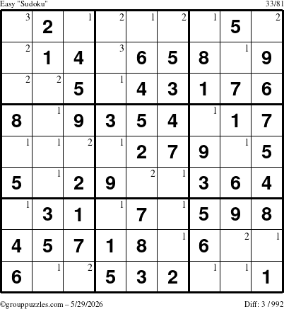 The grouppuzzles.com Easy Sudoku puzzle for Friday May 29, 2026 with the first 3 steps marked