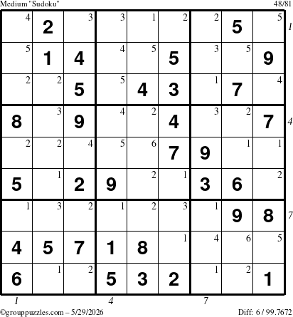 The grouppuzzles.com Medium Sudoku puzzle for Friday May 29, 2026 with all 6 steps marked