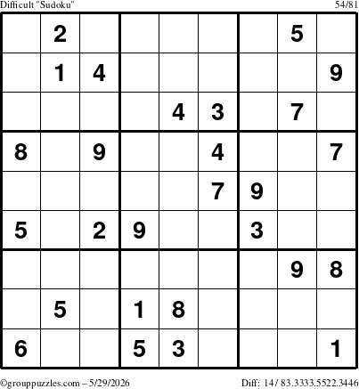 The grouppuzzles.com Difficult Sudoku puzzle for Friday May 29, 2026