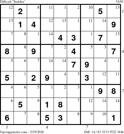 The grouppuzzles.com Difficult Sudoku puzzle for Friday May 29, 2026, suitable for printing, with all 14 steps marked