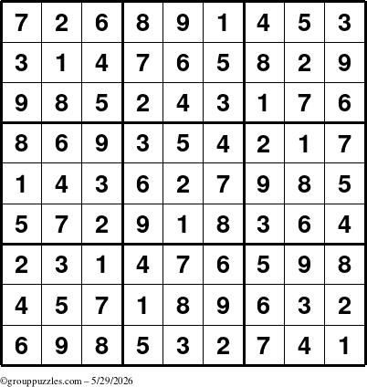 The grouppuzzles.com Answer grid for the Sudoku puzzle for Friday May 29, 2026