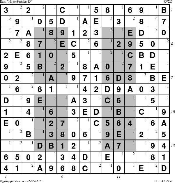 The grouppuzzles.com Easy HyperSudoku-15 puzzle for Friday May 29, 2026, suitable for printing, with all 4 steps marked