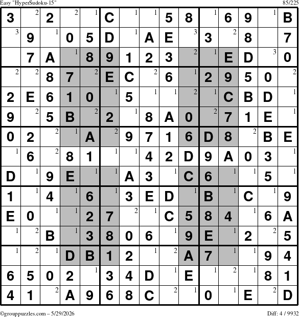 The grouppuzzles.com Easy HyperSudoku-15 puzzle for Friday May 29, 2026 with the first 3 steps marked