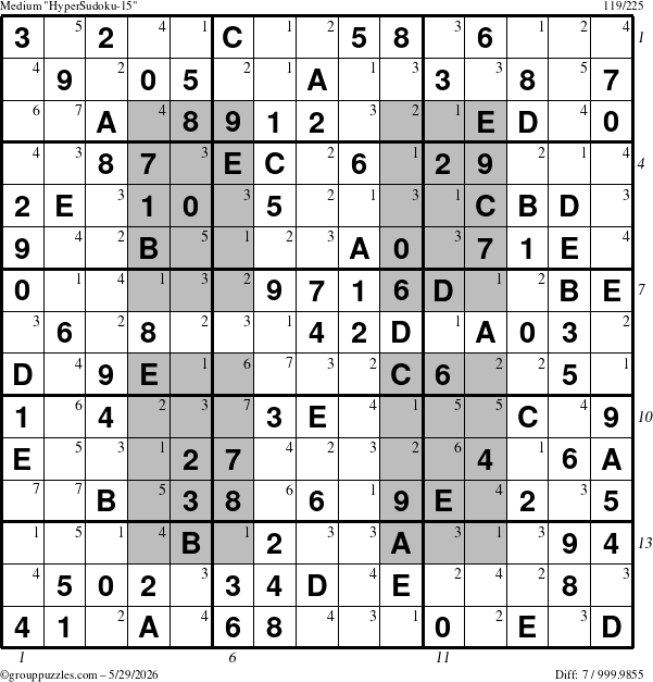 The grouppuzzles.com Medium HyperSudoku-15 puzzle for Friday May 29, 2026 with all 7 steps marked