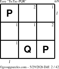 The grouppuzzles.com Easy TicTac-PQR puzzle for Friday May 29, 2026, suitable for printing, with all 2 steps marked