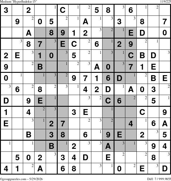 The grouppuzzles.com Medium HyperSudoku-15 puzzle for Friday May 29, 2026 with the first 3 steps marked