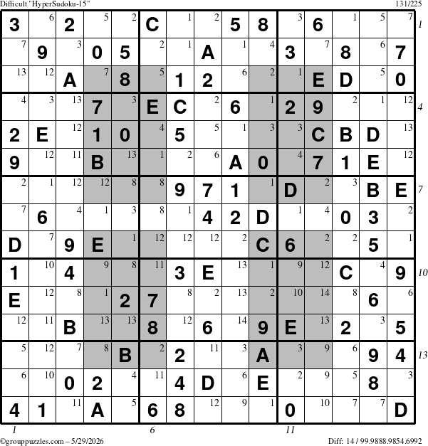 The grouppuzzles.com Difficult HyperSudoku-15 puzzle for Friday May 29, 2026, suitable for printing, with all 14 steps marked