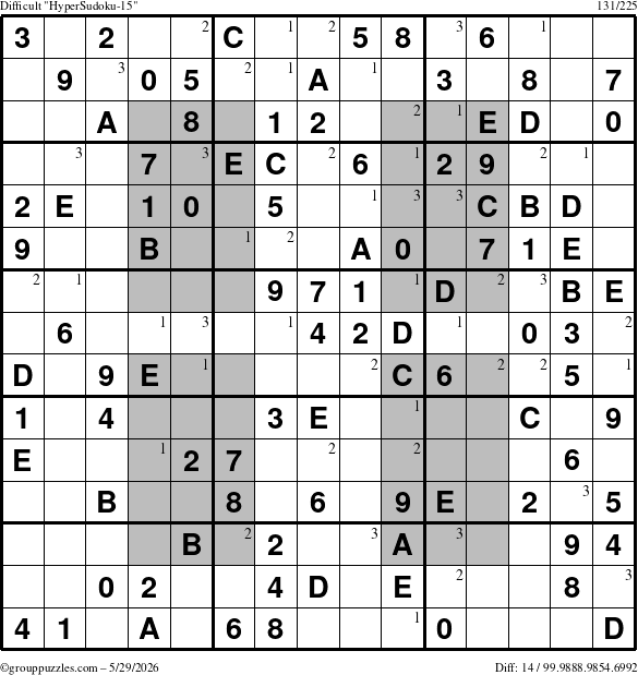 The grouppuzzles.com Difficult HyperSudoku-15 puzzle for Friday May 29, 2026 with the first 3 steps marked