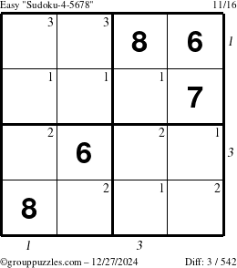 The grouppuzzles.com Easy Sudoku-4-5678 puzzle for Friday December 27, 2024, suitable for printing, with all 3 steps marked