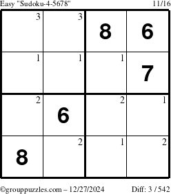 The grouppuzzles.com Easy Sudoku-4-5678 puzzle for Friday December 27, 2024 with the first 3 steps marked