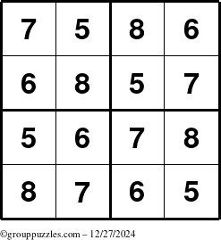 The grouppuzzles.com Answer grid for the Sudoku-4-5678 puzzle for Friday December 27, 2024