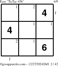 The grouppuzzles.com Easy TicTac-456 puzzle for Friday December 27, 2024 with all 2 steps marked