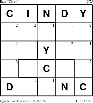 The grouppuzzles.com Easy Cindy puzzle for Friday December 27, 2024 with the first 3 steps marked