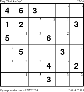 The grouppuzzles.com Easy Sudoku-6up puzzle for Friday December 27, 2024 with the first 3 steps marked