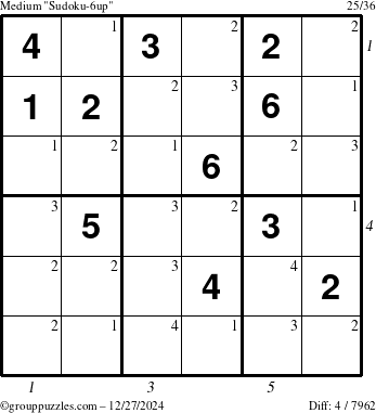 The grouppuzzles.com Medium Sudoku-6up puzzle for Friday December 27, 2024 with all 4 steps marked