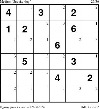 The grouppuzzles.com Medium Sudoku-6up puzzle for Friday December 27, 2024 with the first 3 steps marked