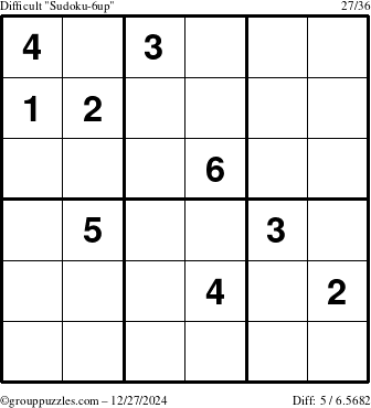 The grouppuzzles.com Difficult Sudoku-6up puzzle for Friday December 27, 2024