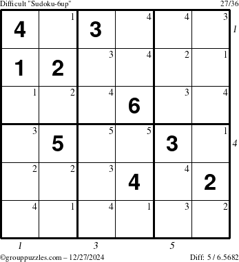 The grouppuzzles.com Difficult Sudoku-6up puzzle for Friday December 27, 2024, suitable for printing, with all 5 steps marked