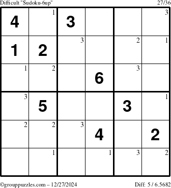 The grouppuzzles.com Difficult Sudoku-6up puzzle for Friday December 27, 2024 with the first 3 steps marked