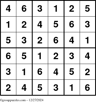 The grouppuzzles.com Answer grid for the Sudoku-6up puzzle for Friday December 27, 2024