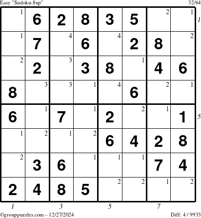 The grouppuzzles.com Easy Sudoku-8up puzzle for Friday December 27, 2024 with all 4 steps marked