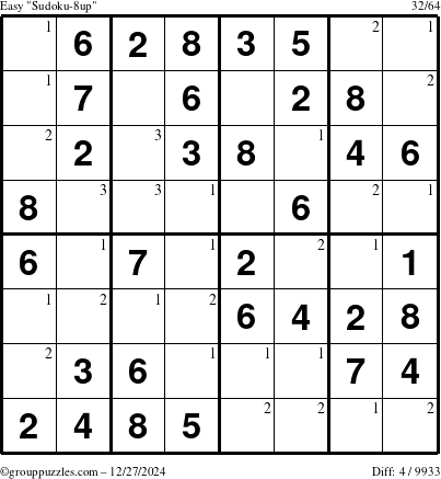 The grouppuzzles.com Easy Sudoku-8up puzzle for Friday December 27, 2024 with the first 3 steps marked