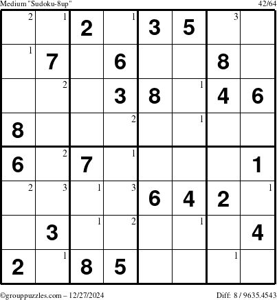 The grouppuzzles.com Medium Sudoku-8up puzzle for Friday December 27, 2024 with the first 3 steps marked