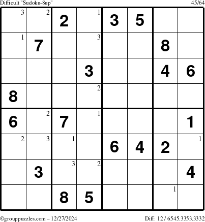 The grouppuzzles.com Difficult Sudoku-8up puzzle for Friday December 27, 2024 with the first 3 steps marked