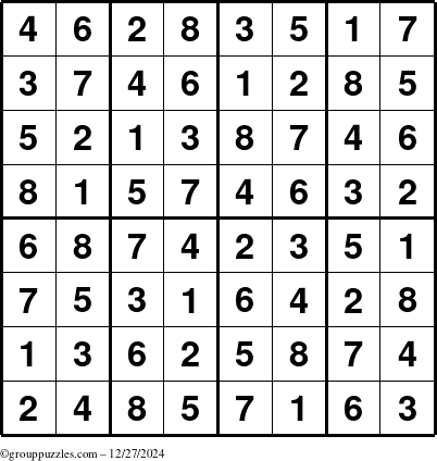 The grouppuzzles.com Answer grid for the Sudoku-8up puzzle for Friday December 27, 2024