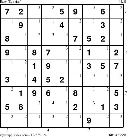 The grouppuzzles.com Easy Sudoku puzzle for Friday December 27, 2024 with all 4 steps marked