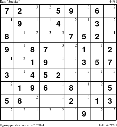 The grouppuzzles.com Easy Sudoku puzzle for Friday December 27, 2024 with the first 3 steps marked