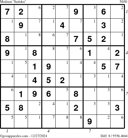 The grouppuzzles.com Medium Sudoku puzzle for Friday December 27, 2024, suitable for printing, with all 8 steps marked