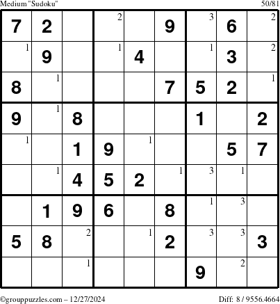 The grouppuzzles.com Medium Sudoku puzzle for Friday December 27, 2024 with the first 3 steps marked