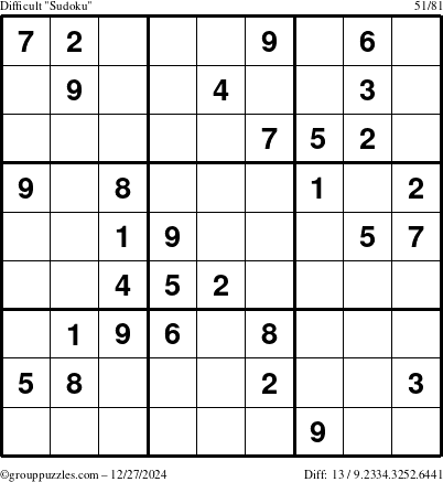 The grouppuzzles.com Difficult Sudoku puzzle for Friday December 27, 2024