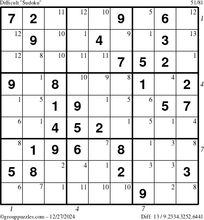 The grouppuzzles.com Difficult Sudoku puzzle for Friday December 27, 2024 with all 13 steps marked