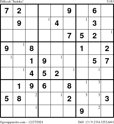 The grouppuzzles.com Difficult Sudoku puzzle for Friday December 27, 2024 with the first 3 steps marked