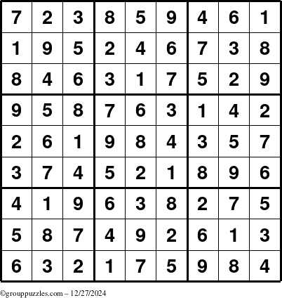 The grouppuzzles.com Answer grid for the Sudoku puzzle for Friday December 27, 2024