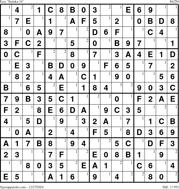 The grouppuzzles.com Easy Sudoku-16 puzzle for Friday December 27, 2024 with the first 3 steps marked