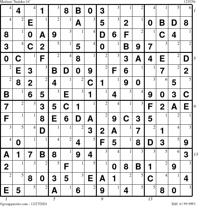 The grouppuzzles.com Medium Sudoku-16 puzzle for Friday December 27, 2024, suitable for printing, with all 6 steps marked