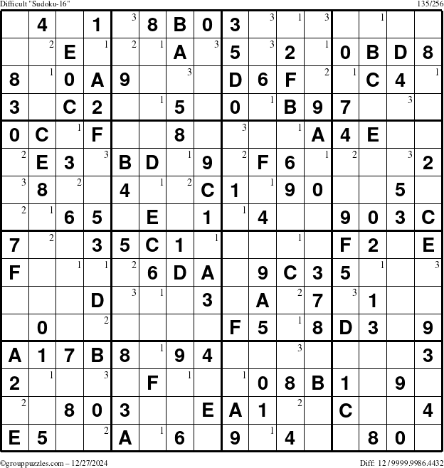 The grouppuzzles.com Difficult Sudoku-16 puzzle for Friday December 27, 2024 with the first 3 steps marked