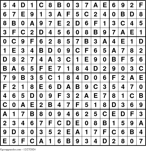 The grouppuzzles.com Answer grid for the Sudoku-16 puzzle for Friday December 27, 2024