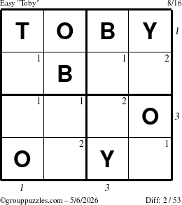 The grouppuzzles.com Easy Toby puzzle for Wednesday May 6, 2026, suitable for printing, with all 2 steps marked