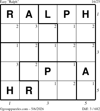 The grouppuzzles.com Easy Ralph puzzle for Wednesday May 6, 2026, suitable for printing, with all 3 steps marked