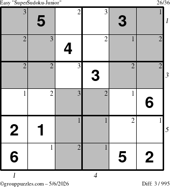 The grouppuzzles.com Easy SuperSudoku-Junior puzzle for Wednesday May 6, 2026, suitable for printing, with all 3 steps marked