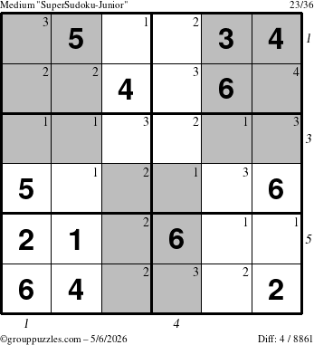 The grouppuzzles.com Medium SuperSudoku-Junior puzzle for Wednesday May 6, 2026 with all 4 steps marked
