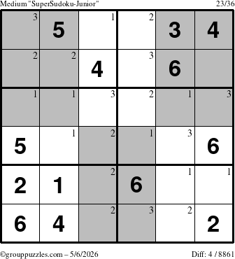 The grouppuzzles.com Medium SuperSudoku-Junior puzzle for Wednesday May 6, 2026 with the first 3 steps marked