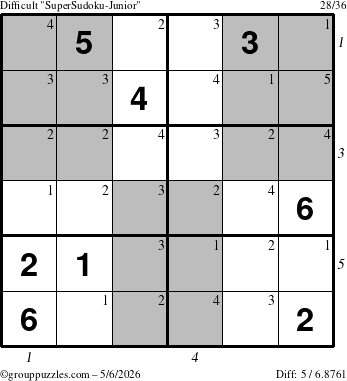 The grouppuzzles.com Difficult SuperSudoku-Junior puzzle for Wednesday May 6, 2026 with all 5 steps marked