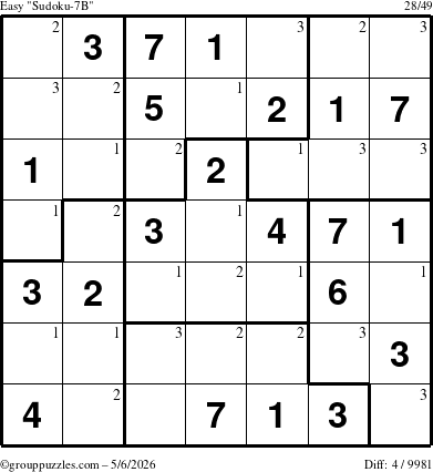 The grouppuzzles.com Easy Sudoku-7B puzzle for Wednesday May 6, 2026 with the first 3 steps marked