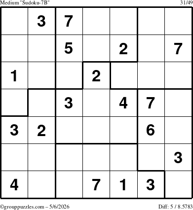 The grouppuzzles.com Medium Sudoku-7B puzzle for Wednesday May 6, 2026