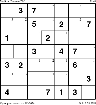 The grouppuzzles.com Medium Sudoku-7B puzzle for Wednesday May 6, 2026 with the first 3 steps marked